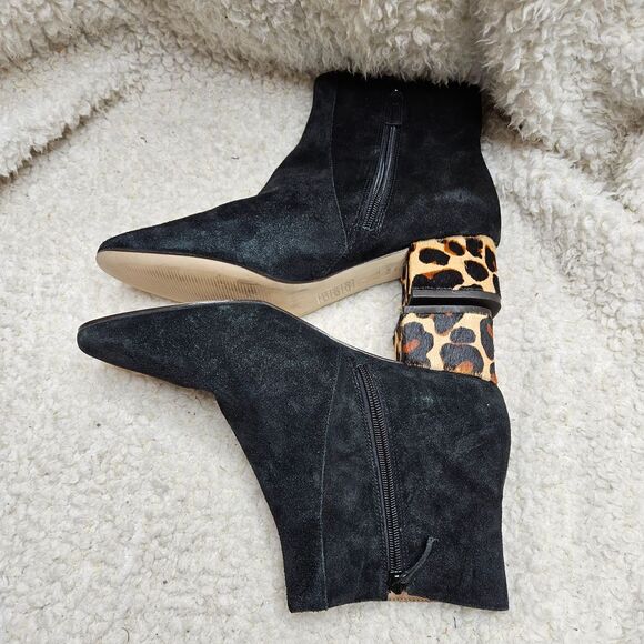 Anthropologie Black Leather Leopard Print Statement Heel Ankle‎ Boots sz 9.5 - Picture 5 of 8